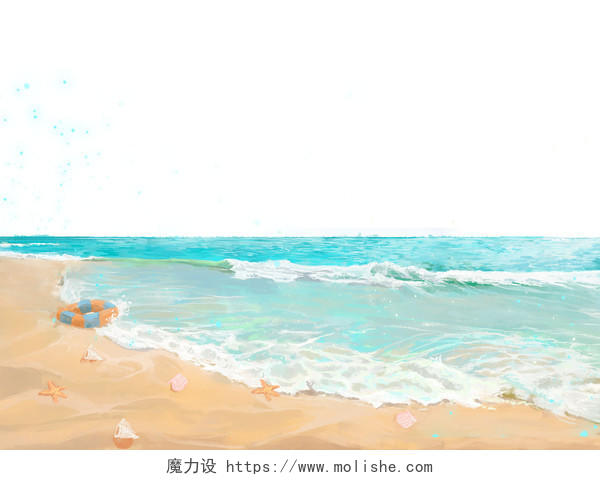彩色手绘卡通海滩海边大海沙滩风景夏天元素PNG素材